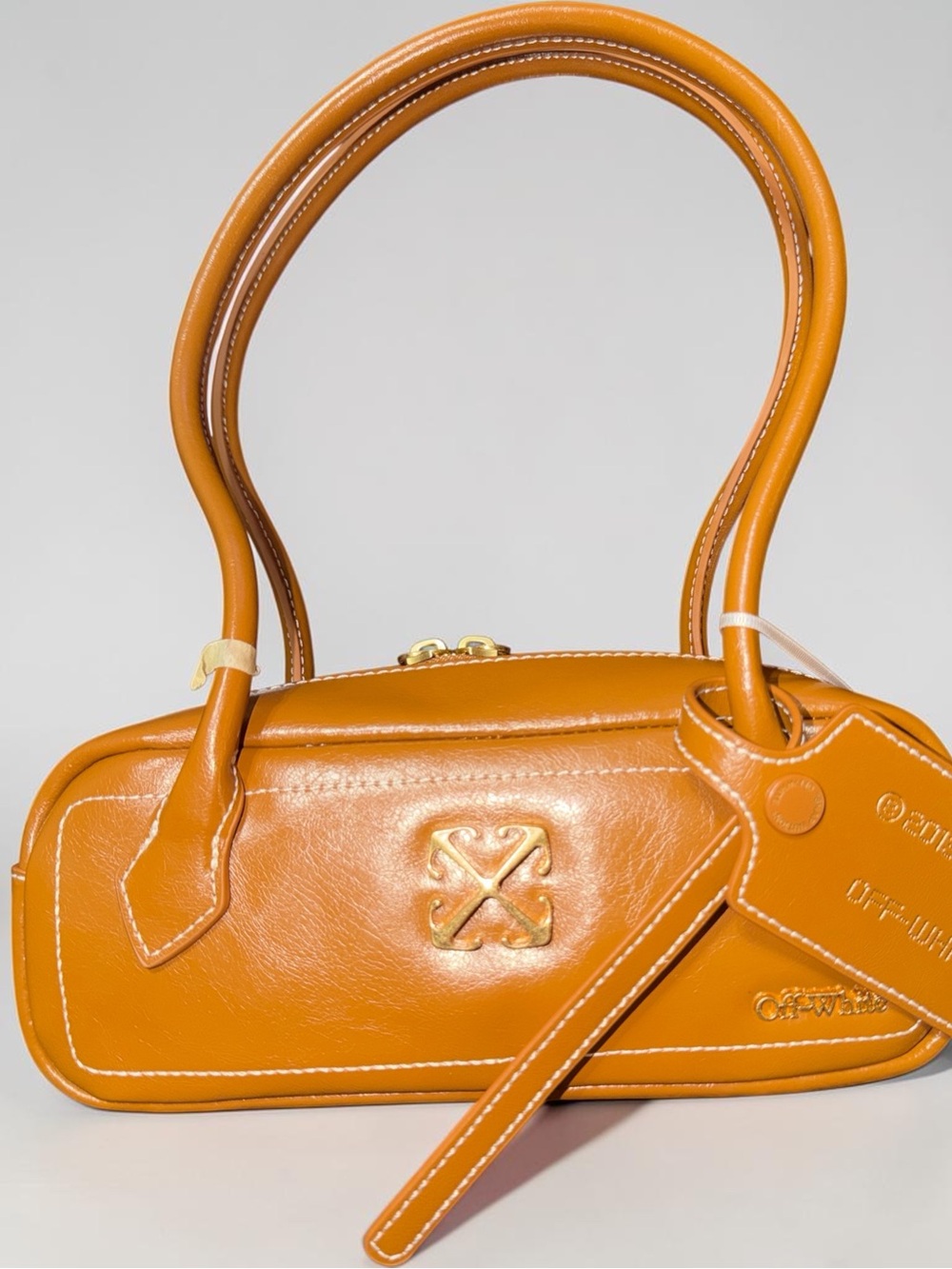 NWT Off-White Caramel/Tan Leather Mini Top-Handle Bag with Gold Hardware
